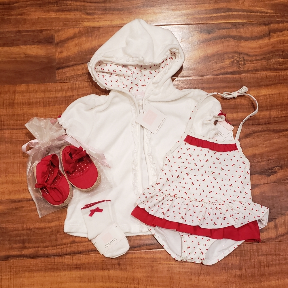 Janie and Jack NWT 6-12 months cherry ruffle swimsuit, coverup, shoes and socks